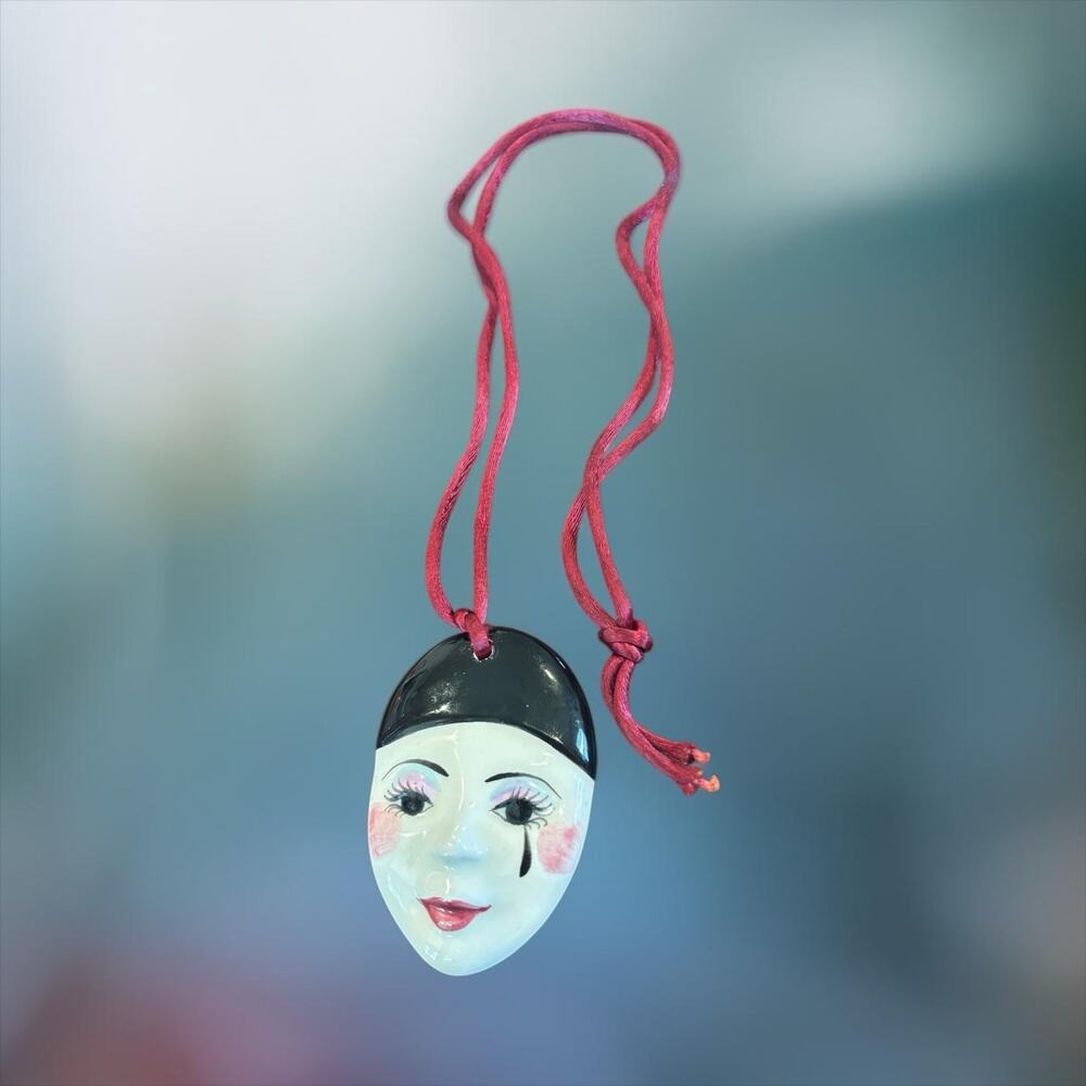New Orleans Crying Face Pendant Ceramic Mardi Gras Pierrot Art Necklace